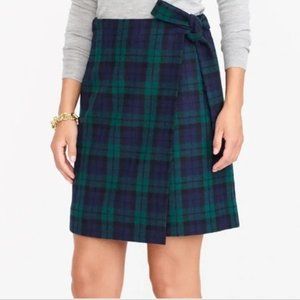 J. Crew Plaid Wool Wrap Skirt Dark Acadamia Green Black Size 8 Tie Wasit